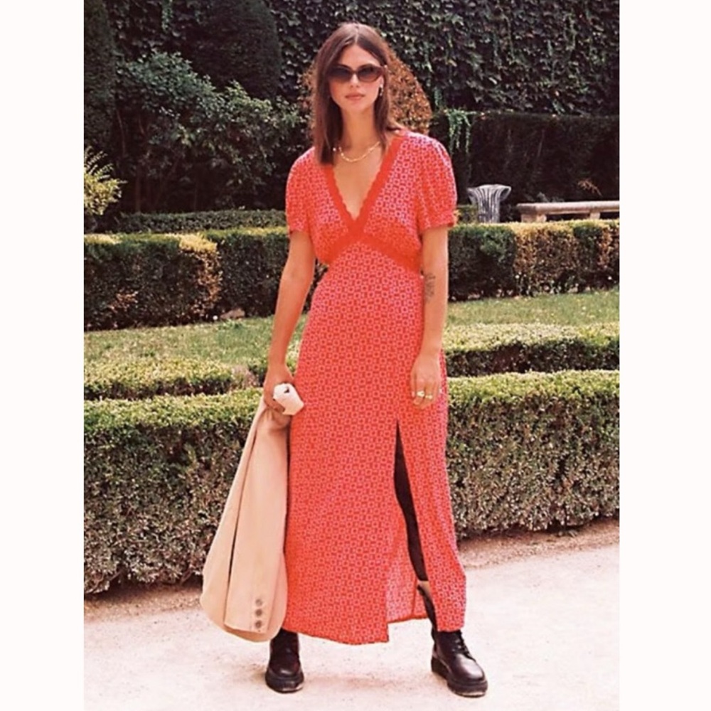 NWT Free People Marley Maxi Dress S Red Geometric Print Bright Retro Slit Cherry
